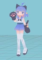 Rule 34 | 1girl, 3d, ahoge, animal ears, animal hands, aqua background, bell, black gloves, black neckerchief, blue hair, blue sailor collar, blue skirt, blunt bangs, cat ears, cat girl, cat paws, cat tail, daizu (melon-lemon), fake animal ears, full body, gloves, hair ornament, hand up, jaggy lines, jingle bell, knees together feet apart, looking at viewer, low poly, medium hair, miniskirt, neck bell, neckerchief, no nose, open mouth, original, paw gloves, pleated skirt, purple eyes, sailor collar, sailor shirt, school uniform, serafuku, shirt, shoes, simple background, skirt, sleeveless, sleeveless shirt, solo, standing, star (symbol), star hair ornament, tail, thighhighs, two side up, uwabaki, waving, white footwear, white shirt, white thighhighs, zettai ryouiki