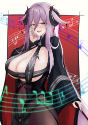 Rule 34 | 1girl, absurdres, aonossco, azur lane, black-framed eyewear, black horns, breast cutout, breasts, cleavage, clothing cutout, covered navel, cowboy shot, curled horns, framed breasts, friedrich carl (azur lane), from side, gem, hair between eyes, highres, horns, huge breasts, long hair, long sleeves, mature female, mole, mole on breast, mole under mouth, musical note, open mouth, purple eyes, purple hair, rectangular eyewear, red gemstone, semi-rimless eyewear, solo, stomach cutout, very long hair, wide sleeves