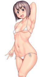 Rule 34 | 1girl, arm up, armpits, bikini, blush, breasts, brown eyes, brown hair, highres, looking at viewer, medium breasts, navel, open mouth, orizen, short hair, smile, solo, standing, swimsuit, v