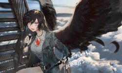 Rule 34 | 1girl, above clouds, against railing, alternate costume, belt, bird wings, black hair, black wings, cloud, cloudy sky, commentary request, contemporary, day, feathers, hair between eyes, hand in pocket, hand up, holding, holding microphone, jacket, jewelry, leaning to the side, long hair, long sleeves, looking at viewer, microphone, motion blur, namusan1146, necklace, open clothes, open jacket, open mouth, outdoors, pocket, railing, red eyes, reiuji utsuho, shirt, shorts, sky, slit pupils, solo, spread wings, stairs, swept bangs, third eye, touhou, unzipped, upper body, white shirt, wings, wristband, zipper, zipper pull tab