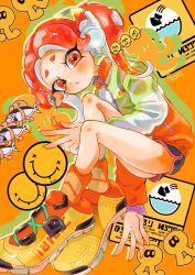 Rule 34 | 1girl, :o, absurdres, ankle socks, artist name, black shorts, blush, commentary, dolphin shorts, earrings, full body, headphones, highres, jacket, jewelry, long sleeves, looking at viewer, multicolored clothes, multicolored footwear, multicolored jacket, nintendo, octoling, octoling girl, octoling player character, open mouth, orange background, orange eyes, orange hair, orange socks, payayo884, pink trim, shorts, socks, solo, splatoon (series), sticker, suction cups, symbol-only commentary, tentacle hair, twintails, v, white headphones, zipper, zipper pull tab