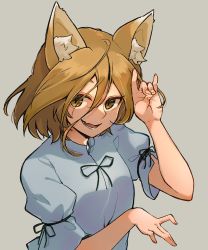 Rule 34 | 1girl, animal ears, blonde hair, fox ears, fox shadow puppet, fox tail, grey background, highres, kudamaki tsukasa, open mouth, romper, short hair, short sleeves, simple background, smile, solo, tail, take no ko (4919400), touhou, upper body, white romper, yellow eyes
