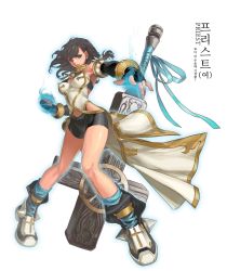 Rule 34 | 00s, 1girl, boots, breasts, brown hair, cross, dungeon and fighter, female focus, female priest (dungeon and fighter), fingerless gloves, full body, gloves, highres, male priest (dungeon and fighter), navel, skirt, solo, standing, weapon, white background