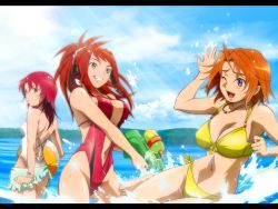Rule 34 | 00s, 3girls, beach, bikini, breasts, cleavage, day, large breasts, letterboxed, multiple girls, my-hime, official art, official wallpaper, outdoors, small breasts, sugiura midori, swimsuit, tokiha mai, wallpaper, water gun, yuuki nao