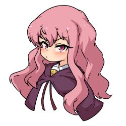 Rule 34 | 1girl, basukechi, blush, cloak, closed mouth, commentary, cropped torso, dot mouth, hair between eyes, highres, long hair, looking at viewer, louise francoise le blanc de la valliere, pink hair, purple cloak, purple eyes, red ribbon, ribbon, shirt, simple background, solo, symbol-only commentary, upper body, white background, white shirt, zero no tsukaima