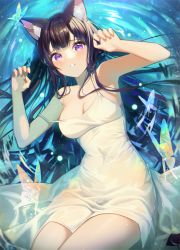 Rule 34 | 1girl, absurdres, afloat, animal ears, armpits, arms up, banned artist, black hair, breasts, bug, butterfly, cat ears, cleavage, covered navel, dai nikucho, dress, from above, highres, insect, long hair, looking at viewer, medium breasts, original, parted lips, purple eyes, see-through, sleeveless, sleeveless dress, smile, solo, strap slip, sundress, tail, very long hair, water, wet, wet clothes, wet dress, white dress