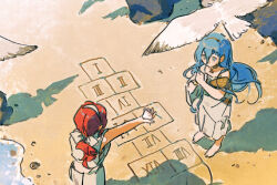 Rule 34 | 2girls, 37 (reverse:1999), ancient greek clothes, barefoot, beach, bird, blue eyes, blue hair, facing away, feet out of frame, from above, full body, giving, greco-roman clothes, hairband, hands up, highres, holding, holding shell, hopscotch, long hair, looking at another, multiple girls, no mouth, ocean, official art, outstretched arm, ponytail, red hair, reverse:1999, rock, roman numeral, sand, scallop, seagull, seashell, shadow, shell, sophia (reverse:1999), standing, toga, white bird, white hairband