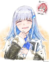 Rule 34 | 2girls, = =, ange katrina, aono reto, aqua nails, black coat, blue hair, blue neckerchief, blunt bangs, blush, closed eyes, coat, collared shirt, colored inner hair, commentary request, double-parted bangs, eyelashes, facing viewer, fingernails, grey hair, hair intakes, hair ornament, hairclip, hand up, head only, highres, lize helesta, lize helesta (1st costume), long sleeves, medium hair, multicolored hair, multiple girls, nail polish, neckerchief, nijisanji, off shoulder, open mouth, portrait, projected inset, red hair, shirt, short hair, sleeves past wrists, smile, straight-on, translation request, virtual youtuber, white background, white shirt