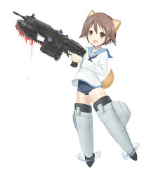 Rule 34 | 1girl, animal ears, bad id, bad pixiv id, blood, brown eyes, brown hair, chainsaw, gears of war, gun, lancer (gears of war), miyafuji yoshika, no pants, one-piece swimsuit, parody, rifle, roro (qualitynine), school swimsuit, school uniform, short hair, solo, strike witches, striker unit, swimsuit, swimsuit under clothes, tail, weapon, world witches series
