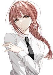 Rule 34 | 1girl, braid, braided ponytail, chainsaw man, collared shirt, hand on own arm, highres, image sample, looking at viewer, makima (chainsaw man), misteor, necktie, red hair, ringed eyes, shirt, solo, twitter sample, white background, white shirt, yellow eyes