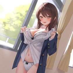 Rule 34 | 1girl, :d, absurdres, black jacket, blush, bra, breasts, brown eyes, brown hair, cleavage, collarbone, curtains, day, highres, jacket, jfjf, large breasts, long hair, long sleeves, looking at viewer, navel, non-web source, open clothes, open mouth, open shirt, original, panties, school uniform, shirt, smile, solo, standing, underwear, undressing, white bra, white panties, white shirt, window
