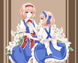 Rule 34 | 2girls, alice margatroid, alice margatroid (pc-98), blonde hair, blue eyes, dress, flower, frilled dress, frilled skirt, frills, hairband, multiple girls, nanatuki13, puffy short sleeves, puffy sleeves, short hair, short sleeves, skirt, time paradox, touhou