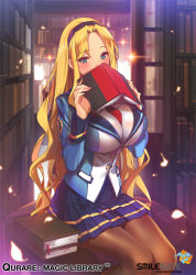 Rule 34 | 1girl, aqua eyes, aura, between breasts, blazer, blonde hair, blush, book, breasts, cleavage, copyright name, garter straps, hairband, hands up, heart, holding, holding book, indoors, jacket, lace, lace-trimmed legwear, lace trim, large breasts, library, long hair, miniskirt, necktie, official art, open book, petals, pleated skirt, popqn, qurare magic library, sitting, skirt, smile, solo, thighhighs