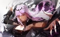 Rule 34 | 1girl, black nails, black tiara, breasts, collar, detached sleeves, floating hair, highres, holding, holding scythe, hololive, hololive english, large breasts, mori calliope, mori calliope (1st costume), open mouth, perspective, pink hair, red eyes, scythe, sidelocks, single detached sleeve, spiked collar, spikes, tiara, twitter username, veil, virtual youtuber, ysuini