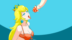 Rule 34 | 1girl, akairiot, bikini, bikini top only, blonde hair, blue background, blue eyes, blush, breasts, cleavage, crown, curly hair, earrings, highres, jewelry, long hair, mario (series), mushroom, nintendo, open mouth, princess peach, saliva, sexually suggestive, simple background, solo, super mario bros. 1, swimsuit, tongue, tongue out, upper body, wallpaper