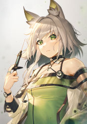 Rule 34 | 1girl, absurdres, animal ear fluff, animal ears, arknights, bare shoulders, breasts, buckle, cat ears, closed mouth, coat, collar, collarbone, dress, green dress, green eyes, grey background, grey hair, halter dress, halterneck, highres, holding, holding syringe, jewelry, kal&#039;tsit (arknights), long sleeves, looking at viewer, material growth, mazel (mazel star), off shoulder, open clothes, open coat, oripathy lesion (arknights), ring, short hair, simple background, small breasts, solo, stethoscope, syringe, upper body, watch, white coat, wristwatch