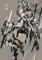 Rule 34 | 1girl, ass, blue eyes, closed mouth, dated, detached sleeves, from side, grey background, grey hair, grey leotard, highres, leotard, long hair, looking at viewer, mecha musume, milestone celebration, original, rayvon, sheath, sheathed, sidelocks, simple background, solo, sword, thank you, thighhighs, thighs, twintails, visor, weapon