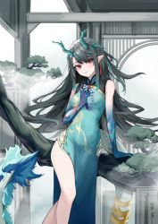 Rule 34 | 1girl, arknights, arm support, bare shoulders, beads, black hair, blue dress, blue skin, blush, branch, breasts, closed mouth, colored skin, covered navel, dragon girl, dragon horns, dragon tail, dress, dusk (arknights), dusk (everything is a miracle) (arknights), earrings, feet out of frame, fog, gradient skin, green hair, head tilt, highres, holding, horns, jewelry, lipstick, long hair, makeup, multicolored hair, official alternate costume, pelvic curtain, pointy ears, red eyes, sidelocks, sleeveless, sleeveless dress, small breasts, smile, solo, standing, streaked hair, sue yanagi-san, tail, tassel, tassel earrings, two-tone hair, very long hair