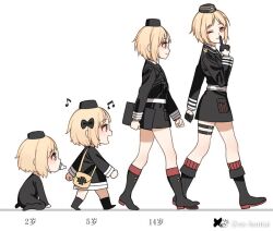 Rule 34 | 1girl, :d, age progression, baby, black bow, black headwear, black jacket, black necktie, blonde hair, boots, bow, brown eyes, censored, censored text, clenched hands, closed mouth, commentary request, cross, finger to mouth, from side, full body, garrison cap, girls&#039; frontline, gloves, haijin, hair bow, half gloves, hat, holding, holding tablet pc, iron cross, jacket, kneeling, korean commentary, looking at viewer, looking to the side, mp40 (girls&#039; frontline), musical note, necktie, one eye closed, open mouth, pacifier, profile, red socks, short hair, simple background, smile, socks, tablet pc, third-party source, walking, weibo logo, weibo watermark, white background, yellow bag