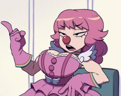 Rule 34 | 1girl, ace attorney, breasts, cleavage cutout, clothing cutout, clown girl, clown nose, female focus, geiru toneido, gloves, hand on own hip, large breasts, lipstick, long hair, looking to the side, makeup, multicolored clothes, pink hair, pointing, pointing up, serious, skirt, solo, speedoru, suspender skirt, suspenders, talking