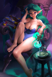 Rule 34 | 1girl, absurdres, bare shoulders, barefoot, blue leotard, bo xun lin, book, breasts, chair, cleavage, erlenmeyer flask, eyeball, fang, feet on chair, flask, green hair, hand in own hair, hand on own head, highres, holding, holding flask, knee up, large breasts, leotard, long hair, looking at viewer, original, pointy ears, potion, red eyes, sitting, smoke, solo, teeth, tongue, very long hair, witch