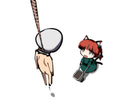 Rule 34 | 1boy, 1girl, :d, animal ears, braid, cat ears, cat tail, chibi, clothed female nude male, from above, gatau, hanged, kaenbyou rin, lowres, multiple tails, nude, open mouth, red hair, simple background, sin sack, smile, tail, touhou, wheelbarrow, white background