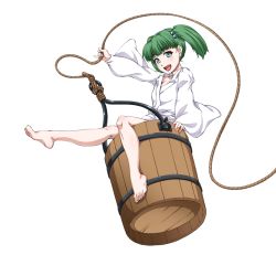 Rule 34 | 1girl, :d, barefoot, bucket, fang, full body, green eyes, green hair, hair bobbles, hair ornament, japanese clothes, kimono, kisume, legs, long sleeves, looking at viewer, ootsuki wataru, open mouth, rope, short hair, smile, solo, touhou, transparent background, twintails, white kimono