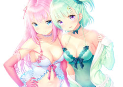 Rule 34 | 2girls, bare shoulders, blue eyes, blush, breasts, choker, cleavage, collarbone, dress, elbow gloves, gloves, green dress, green hair, green scrunchie, hair ornament, hair ribbon, hair scrunchie, hairclip, jacket, long hair, looking at viewer, medium breasts, midriff, multiple girls, navel, open mouth, original, pink gloves, pink hair, purple eyes, ribbon, ribbon choker, scrunchie, short hair, sleeves past wrists, smile, stomach, strap, zizi (zz22)