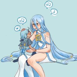 Rule 34 | 2girls, aged down, ahoge, alternate hair color, azura (fire emblem), blue hair, braid, fire emblem, fire emblem fates, headpat, low twin braids, mother and daughter, multiple girls, musical note, nina (fire emblem), nintendo, open mouth, parted bangs, sitting, sitting on lap, sitting on person, sonschmarn, spoken musical note, twin braids