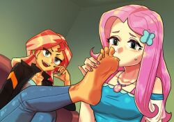 Rule 34 | 2girls, barefoot, black nails, butterfly hair ornament, dalsegno, feet, fluttershy, foot worship, hair ornament, highres, jacket, multicolored hair, multiple girls, my little pony, my little pony: equestria girls, my little pony: friendship is magic, open mouth, pink hair, pink nails, red hair, soles, sunset shimmer, sweatdrop, teeth, toe sucking, toes, upper teeth only