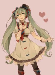 Rule 34 | 1girl, bad id, bad pixiv id, belt, boots, dress, gloves, green eyes, green hair, hair ribbon, hat, hatsune miku, heart, kotori (fuwaxx), long hair, matching hair/eyes, mini hat, mini top hat, open mouth, pantyhose, ribbon, simple background, solo, top hat, twintails, very long hair, vocaloid
