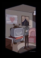 Rule 34 | 1other, androgynous, antenna hair, arm at side, armchair, black border, black hair, border, brown footwear, brown pants, chair, curtains, deltarune, facing away, from behind, green sweater, grin, heart, highres, holding, holding knife, indoors, knife, kris (deltarune), loafers, long sleeves, night, other focus, pants, rug, scenery, shoes, short hair, smile, solo, sonokare, standing, static, sweater, television, twitter username, window