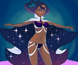Rule 34 | 10s, 1girl, artist request, bikini, blue eyes, breasts, cape, creatures (company), dark-skinned female, dark skin, earrings, female focus, game freak, gym leader, highres, jewelry, lips, lipstick, long hair, looking at viewer, makeup, navel, nintendo, olympia (pokemon), outstretched arms, pokemon, pokemon xy, purple hair, short hair, smile, solo, standing, star (symbol), star earrings, starry sky print, swimsuit