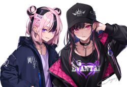 Rule 34 | 2girls, baseball cap, black collar, black hair, black headwear, blue jacket, chain, chimachi, collar, commentary request, double bun, drawstring, ear piercing, earrings, grin, hair bun, hair ornament, hairclip, hand in pocket, hand up, hat, highres, hood, hood down, hooded jacket, jacket, jewelry, long hair, long sleeves, looking at viewer, mismatched earrings, multicolored hair, multiple girls, off shoulder, open clothes, open jacket, original, parted lips, piercing, pink eyes, pink hair, print headwear, print shirt, purple eyes, purple shirt, shirt, short hair, signature, simple background, smile, streaked hair, twitter username, two-sided fabric, two-sided jacket, upper body, white background, zipper