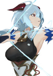 Rule 34 | 1girl, ahoge, amos&#039; bow (genshin impact), armpits, bell, black gloves, blue hair, bodystocking, bow (weapon), breasts, commentary, cowbell, dated commentary, drawing bow, fingerless gloves, ganyu (genshin impact), genshin impact, gloves, highres, holding, holding bow (weapon), holding weapon, horns, large breasts, long hair, neck bell, potatomochii, red eyes, sidelocks, simple background, solo, upper body, weapon, white background
