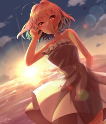 Rule 34 | 1girl, ahoge, aircraft, airplane, arm behind back, backlighting, bare shoulders, blue hair, breasts, choker, closed mouth, cloud, collarbone, dot nose, dress, floating hair, frilled dress, frills, hand in own hair, hand up, highres, horizon, idolmaster, idolmaster cinderella girls, lens flare, looking at viewer, multicolored hair, ocean, outdoors, pink eyes, pink hair, ponzu (rrrritisu), see-through silhouette, short hair, signature, sleeveless, sleeveless dress, solo, standing, sun, two-tone hair, water, white dress, wind, yumemi riamu