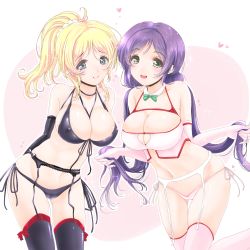 Rule 34 | 10s, 2girls, :d, areola slip, arms behind back, ayase eli, bare shoulders, between breasts, black bra, black gloves, black legwear, black panties, blonde hair, blue eyes, blush, bra, breasts, bursting breasts, cleavage, closed mouth, collarbone, covered erect nipples, detached collar, eyebrows, frapowa, garter belt, gloves, green eyes, hair ornament, hair scrunchie, heart, holding, holding own hair, large breasts, leaning forward, long hair, looking at viewer, love live!, love live! school idol project, low twintails, multiple girls, navel, open mouth, panties, pink bra, pink gloves, pink legwear, pink panties, ponytail, purple hair, scrunchie, smile, stomach, thigh gap, thighhighs, tojo nozomi, twintails, underwear, very long hair