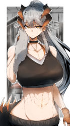 Rule 34 | 1girl, arknights, bare shoulders, breasts, crop top, dragon horns, gin moku, grey hair, highres, horns, large breasts, long hair, midriff, navel, ponytail, saria (arknights), solo, sports bra, stomach, very long hair, yellow eyes