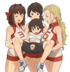 10s 4girls bar_censor bike_shorts black_eyes black_hair blonde_hair breasts brown_hair carrying censored closed_eyes clothes_writing elbow_pads flat_chest girl_sandwich girls_und_panzer gym_shorts gym_uniform hairband has_uncensored_version isobe_noriko kawanishi_shinobu kondou_taeko large_breasts multiple_girls no_panties ponytail pussy sandwiched sasaki_akebi shirt shoes short_hair short_shorts shorts simple_background size_difference sleeveless sleeveless_shirt smile sneakers sportswear spread_legs tenchisouha torn_bike_shorts torn_clothes volleyball_uniform white_background