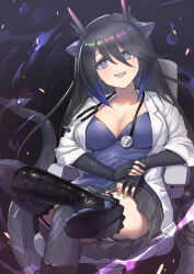 Rule 34 | 1girl, animal ears, black dragon (kemono friends), black footwear, black gloves, black hair, black skirt, black thighhighs, blue hair, blue shirt, blush, boots, coat, dragon ears, dragon girl, dragon horns, dragon tail, elbow gloves, fangs, fingerless gloves, garter straps, gloves, grey eyes, hair between eyes, highres, horns, kemono friends, lab coat, long hair, looking at viewer, multicolored hair, open clothes, open coat, open mouth, pleated skirt, scales, shirt, sidelocks, sitting, skirt, solo, stethoscope, tadano magu, tail, thighhighs, white coat, zettai ryouiki