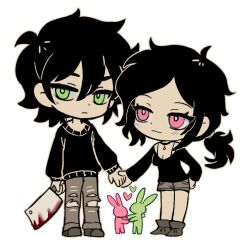 Rule 34 | 1boy, 1girl, andrew graves, ashley graves, black hair, blood, blush, breasts, brother and sister, chibi, choker, cleaver, closed mouth, green eyes, heart, holding hands, long sleeves, pants, pink eyes, shoes, short shorts, shorts, siblings, simple background, sweater, the coffin of andy and leyley, torn clothes, torn pants, watasi tokimi, white background