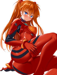 Rule 34 | 1girl, arm support, ass, bad id, bad twitter id, blue eyes, blush, breasts, cle masahiro, commentary request, eyelashes, groin, hair between eyes, highres, interface headset, long hair, looking at viewer, medium breasts, multicolored clothes, neon genesis evangelion, orange hair, plugsuit, revision, simple background, sitting, solo, souryuu asuka langley, white background