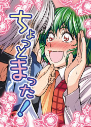 Rule 34 | 1boy, 1girl, ascot, blush, choker, couple, eye contact, flustered, glasses, grabbing another&#039;s chin, green hair, hand on another&#039;s chin, hands up, hetero, kagoubutsu, kazami yuuka, looking at another, morichika rinnosuke, open mouth, plaid, plaid vest, red eyes, satou yuuki, short hair, silver hair, sweat, touhou, vest, wavy mouth