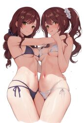 Rule 34 | 2girls, bikini, black bikini, blush, breasts, brown eyes, brown hair, cameltoe, cleft of venus, closed mouth, commentary, covered erect nipples, cowboy shot, english commentary, gin00, hair ornament, hairclip, hand on another&#039;s hip, hand on another&#039;s shoulder, highres, idolmaster, idolmaster shiny colors, looking at viewer, medium breasts, mixed-language commentary, multi-strapped bikini bottom, multiple girls, navel, osaki amana, osaki tenka, parted lips, siblings, side-tie bikini bottom, side ponytail, simple background, sisters, smile, stomach, swimsuit, thighs, underboob, white background, white bikini