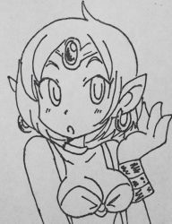 Rule 34 | 1girl, alternate hairstyle, artist request, breasts, cleavage, highres, monochrome, pointy ears, shantae, shantae (series), short hair