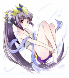 Rule 34 | 1girl, bare legs, barefoot, bikini, blush, body blush, breasts, cleavage, flower, hair flower, hair ornament, hair stick, headpiece, leaf, legs folded, lily (flower), long hair, parted lips, ponytail, purple hair, puzzle &amp; dragons, red eyes, small breasts, solo, swimsuit, takoyaki kenken, very long hair, yomi (p&amp;d)