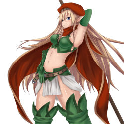 Rule 34 | alleyne (queen&#039;s blade), belt, beret, blonde hair, blue eyes, boots, braid, elf, gloves, gotamin, hat, navel, pointy ears, polearm, queen&#039;s blade, screencap, side braid, spear, weapon