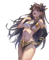 Rule 34 | 1girl, ahoge, armlet, asymmetrical sleeves, bare shoulders, bikini, black bow, blush, bow, breasts, brown hair, detached sleeves, earrings, fate/grand order, fate (series), gold trim, hair bow, hand on own hip, hand on own chest, highleg, highleg bikini, highres, hoop earrings, ishtar (fate), jewelry, long hair, looking at viewer, medium breasts, mismatched bikini, navel, neck ring, open mouth, parted bangs, red eyes, simple background, single detached sleeve, smile, sparkle, swimsuit, tiara, tight (ohmygod), two side up, uneven sleeves, white background