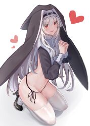 Rule 34 | 1girl, arched back, arknights, belt, belt buckle, black belt, black footwear, black headwear, black panties, black ribbon, black sleeves, breasts, buckle, buttoned cuffs, buttons, capelet, collared capelet, commentary, from side, full body, grey hair, groin, habit, hair between eyes, hair flowing over, hands up, heart, high collar, high heels, highres, interlocked fingers, invisible floor, kneeling, light blush, long hair, long sleeves, looking at viewer, looking to the side, mmia, navel, nun, open mouth, own hands clasped, own hands together, panties, praying, puffy long sleeves, puffy sleeves, pumps, red eyes, ribbon, shadow, shiny clothes, shiny footwear, shiny legwear, side-tie panties, sidelocks, sideways glance, simple background, sleeve cuffs, small breasts, smile, solo, specter (arknights), stomach, straight hair, string panties, teeth, thighhighs, thighs, tongue, underwear, upper teeth only, very long hair, white background, white capelet, white thighhighs