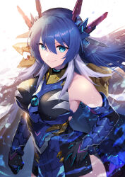 Rule 34 | 1girl, absurdres, bare shoulders, black gloves, blue eyes, blue gloves, blue hair, breasts, collar, dress, duel masters, duel masters play&#039;s, elbow gloves, gloves, grey hair, hand on own hip, highres, horns, large breasts, mechanical horns, metal collar, multicolored hair, nakamura eight, q.e.d. (duel masters), smile, solo